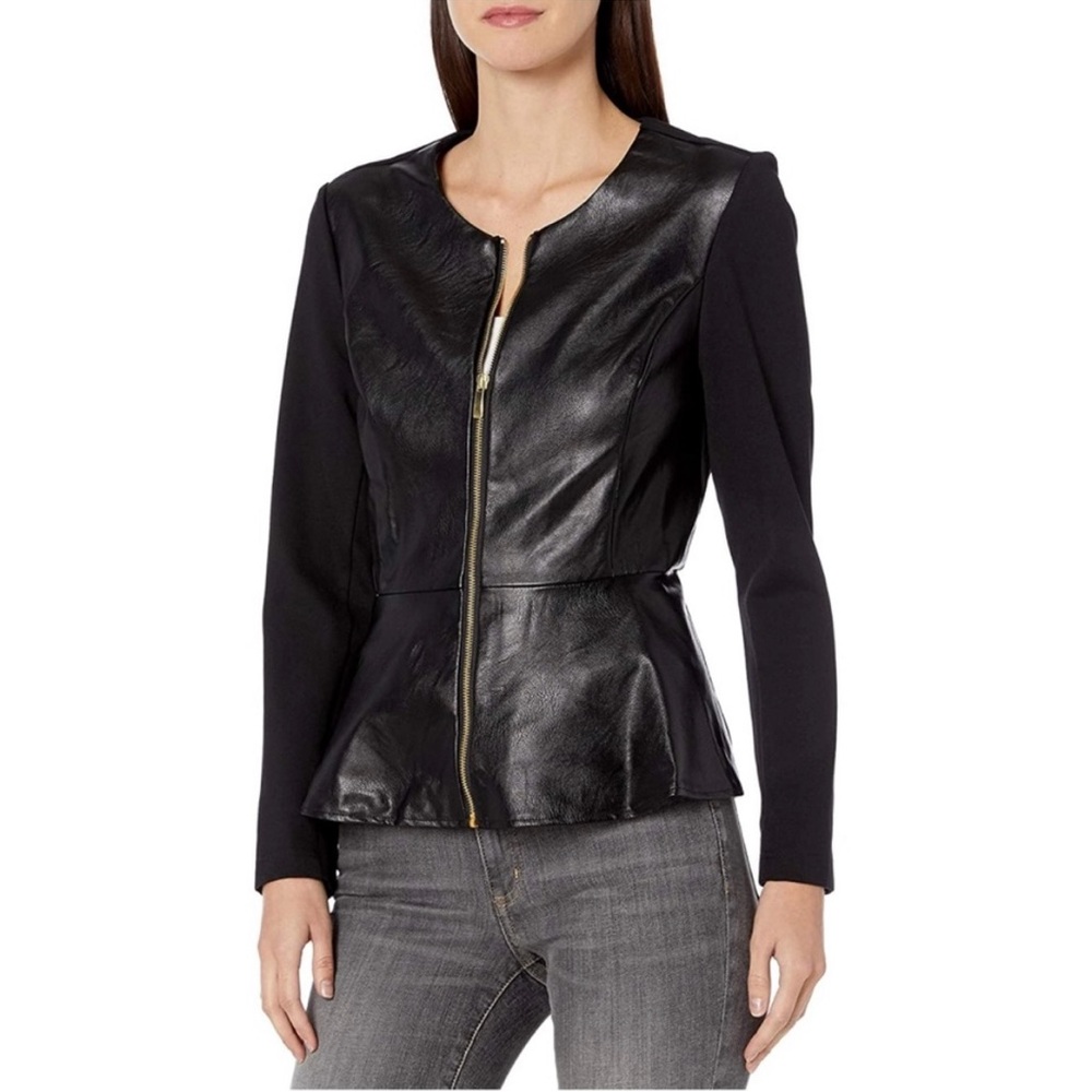 Nanette Lepore Black Faux Leather Peplum Biker Jacket Classic Office